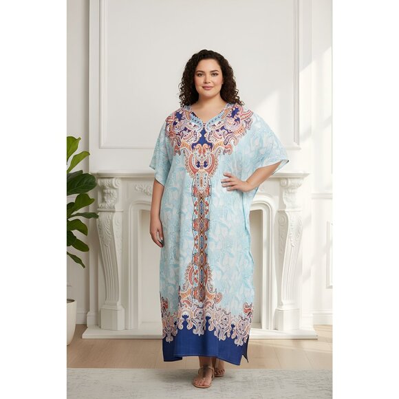 Women Plus Size Beach Cover Up Floral Print Turquoise Kaftan Dress by Gypsie Blu - Picture 1 of 9
